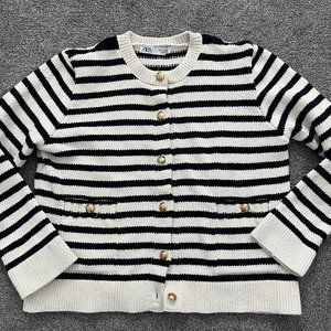 Zara Womens Navy and White Stripe Cardigan